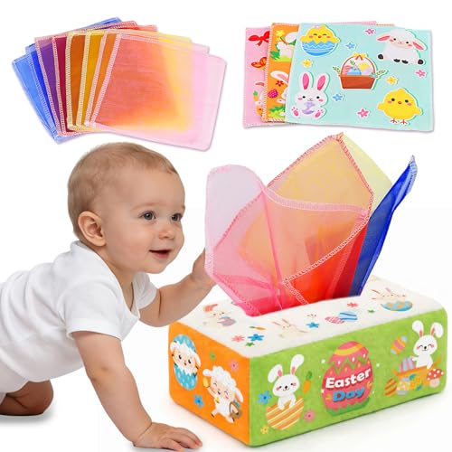 Image of Easter Baby Toys - Easter Basket Stuffers for Babies 6-12 Months - Baby Tissue Box Toy Montessori Soft Stuffed Bunny High Contrast Crinkle Infant Sensory Toys 6 7 8 9 Months Easter Boy Girl Gifts