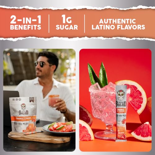 Image of Salud 2-in-1 Energy Drink Powder + Focus, Paloma, Organic Caffeine, B6 + B12, Theanine, Clean Energy Drink Packets, Agua Fresca Mix, Non-GMO, Gluten Free, Vegan, 1g of Sugar, (15 Servings)