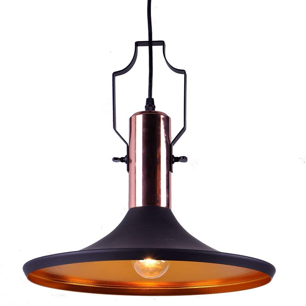 JJGD Vintage Industrial Pendant Light with 1-Light, Copper Lampshade Matt Black Metal Ceiling Lights Fixture, LED Kithen Island Chandelier Lighting for Counter, Restaurant, Dining Room, Bar, Cafe (C)