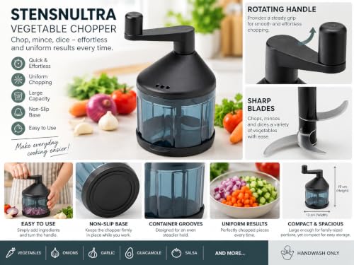 Image of STENSNULTRA Vegetable Chopper, Black Grey-Turquoise /Transparent, Stainless Steel Blade, 19x13 cm, with Non-Slip Bottom, Rotating Handle