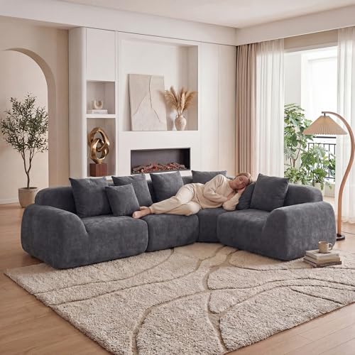 Image of KEIKI 118 inch Oversized Cloud Sectional Couches for Living Room, Comfy Velvet Curved Sectional Boneless L-Shape Chaise Sofa with Compression Memory Foam, No Assembly Modular Sofa for Home Space, Grey