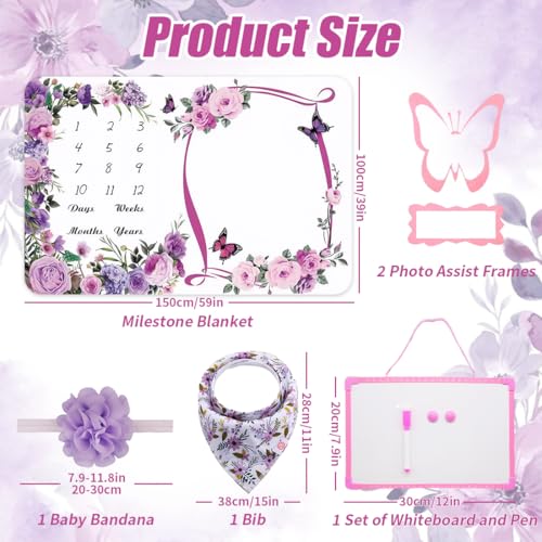 Image of Milestone Blanket for Baby Girl (Purple 60x40 Inches), with Photo Aid Frame, Saliva Towel, Erasable Writing Board, Hair Band, Documenting Growth。