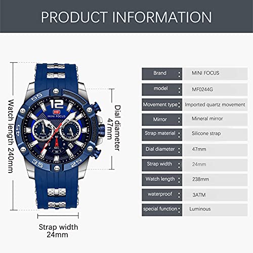 Image of MF MINI FOCUS Men Watch, Chronograph Waterproof Sport Analog Quartz Watches Blue Silicon Strap Fashion Wristwatch for Men