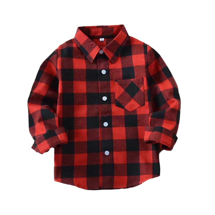 UNIUWO Toddler Baby Boys Plaid Flannel Shirt Long Sleeve Button Down Shirts (US, Age, 12 Months, 18 Months, Red)
