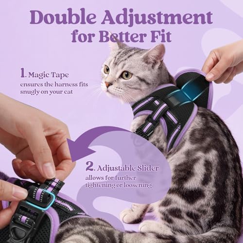 Image of rabbitgoo Cat Harness and Leash Set, Step-in Soft Vest, Black-Light Purple | Escape Proof, Lightweight, Easy-on & Adjustable, Hook & Loop with Buckle, Reflective, for Small Cats Walks, L