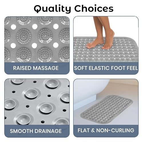 Image of Storite Rectangular Anti Skid Bath Mat with Foot Scrubber for Bath Room Shower Mat with Suction Cups & Drain Holes Silicone Floor Mat for Kids & Adults (70 X 35cm, Grey)