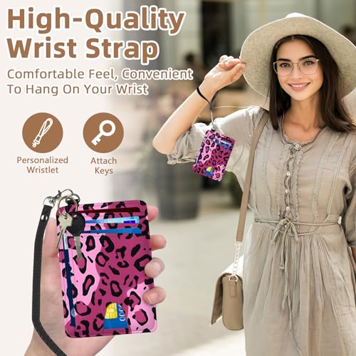 Credit Holder Slim Wallet, PU Leather RFID Blocking, Women & Men Front Pocket Small Card Holder, Credit Card Wallet with Wristlet, Convenient Travel Business, Pink Leopard Print3