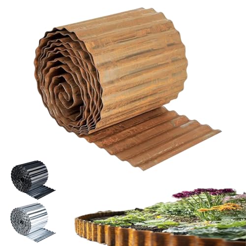 Corten Lawn Edging Border Corrugated Roll, Pre-Rusted Galvanised Steel Garden Border Edging, Easy to install Flexible Grass Landscaping Pathway Edge,16cm (6 inch) High 5 Metre (17 ft) Long