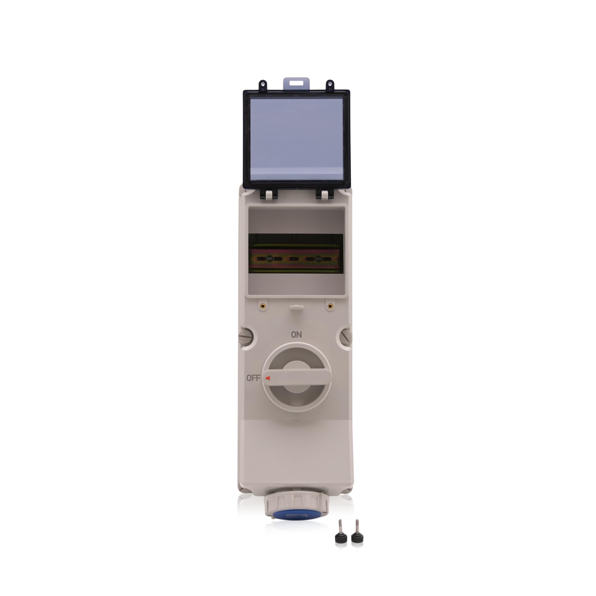Intratec CEE Wandsteckdose 16A 3-polig IP67 – Schalter abschließbar, DIN-Schiene für LS/FI, vorverdrahtet, 230V AC, Abdeckung transparent, ABS-Gehäuse Grau