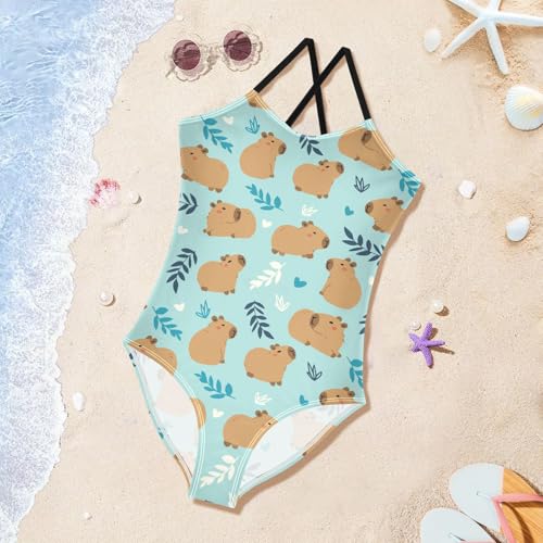 Image of Girls One Piece Swimsuits Cute Capybara Simple Flower Yellow Pattern Cute Swimwear Bathing Suits 3-10T
