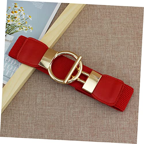 SAFIGLE 1Pc Wide Elastic Waist Belt for Women Stretch Cinch Belt with Golden Round Pin Buckle Versatile Solid Waistband Red for Dresses Jeans and Casual Outfits2
