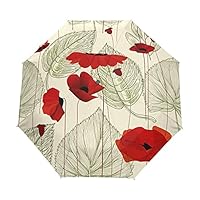 Vintage Floral Red Poppy Flowers Leaves Seamless Pattern Automatic Folding Umbrella, Portable Strong Travel Rain Umbrella, Auto Open/Close Lightweight Compact Sun Anti-UV Parasol