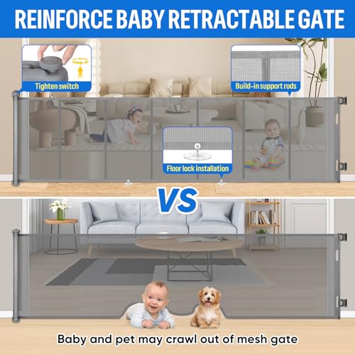 34X100” Extra Wide Retractable Baby Gate, Extra Wide Safety Kids or Pets Gate, 34” Tall, Extends to 100” Extra Wide, Mesh Safety Dog Gate for Stairs, Indoor, Outdoor, Doorways, Hallways - Thumbnail 5