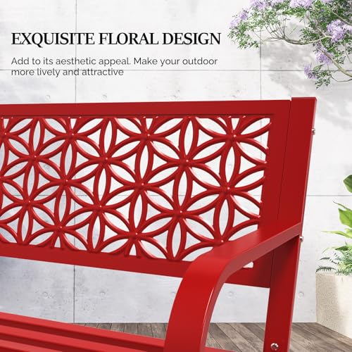 Image of VINGLI 50 inch Outdoor Bench Metal with Floral Back, Garden Bench Front Porch Bench for Yard Patio Entryway Park Outside, 800lb Capacity - Red