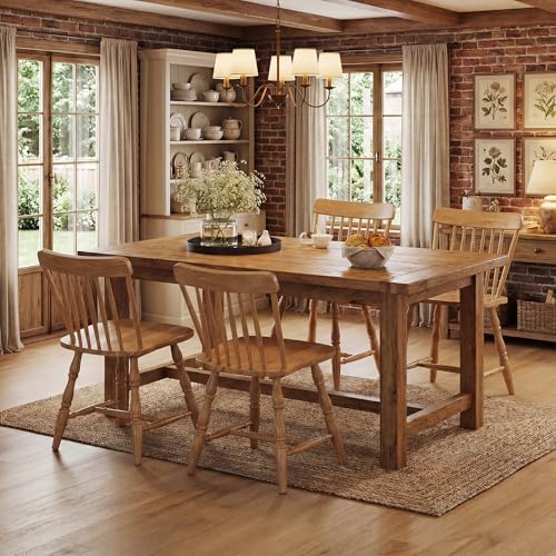 Image of COSTWAY Windsor Chairs Set of 4, Armless Solid Wood Dining Chairs with Spindle Backs, Farmhouse Kitchen Side Chair for Dining Room, Kitchen, Small Space (Natural)