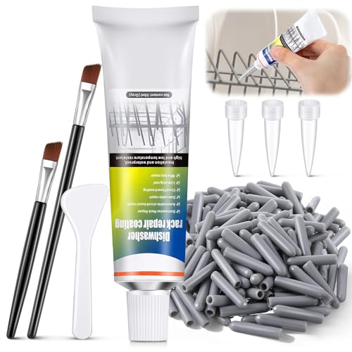 Avenuebool Dishwasher Rack Repair Kit 1.7oz Waterproof Rack Repair Coating with 100pcs Tine Prong End Caps Dishwasher Vinyl Rust Protection & Restoration High & Low Temperature Resistant Grey