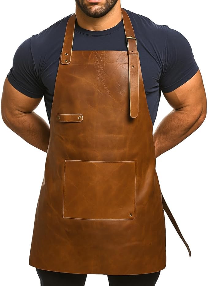 HEAVEN HUSH Genuine Leather Apron for Men, Adjustable Straps & Tool Pockets, Premium BBQ, Cooking, Blacksmith, Shop, Welding, Woodworking, Bartender Work Apron (Single Pocket - Brown)