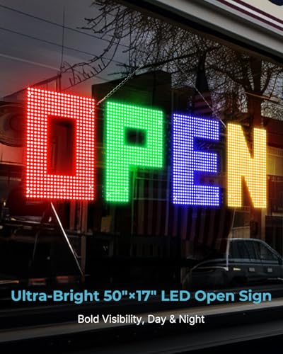 Image of 50 inchx17 inch Large LED Open Sign with Remote and Bluetooth App, Super Bright Open Signs for Business, Dimmable Big Open Sign for Storefront Window Bar Salon Cafes Retail Shops Red Green Blue Yellow