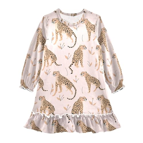 Girls Dress Cheetah and Plants Long Sleeve Ruffled Hem Velvet Dress