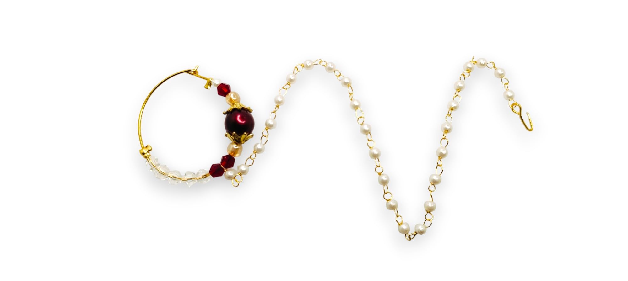 Pearl and Maroon Crystal Nose Ring Nath, Gold-Tone Chain Jewelry-image-32