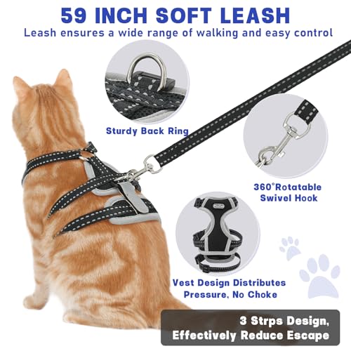 Image of Cat Harness for Walking, Escape Proof Cat Harness and Leash Set with Reflective Strip, Adjustable Cat Leash Breathable Soft Vest for Small to Large Cats, BlackGrey, M