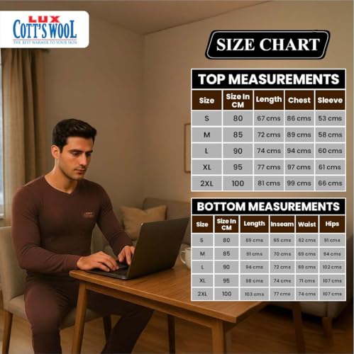 Image of Lux Cottswool Men's Cotton Thermal Set | Top & Bottom Body Warmer | V-Neck Winterwear | Full Sleeves & Snug Fit with Stay Warm Technology | Skin Friendly with Superior Heat Retention