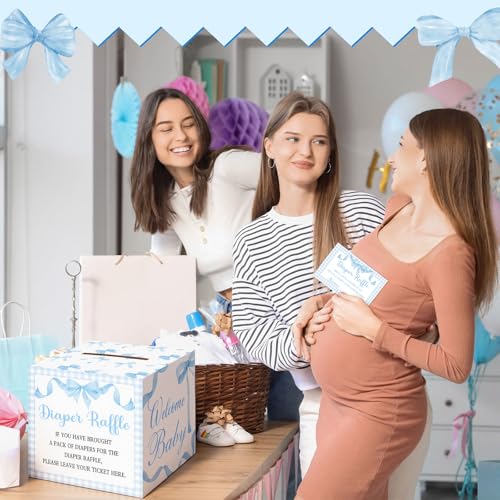 Image of Teling 51 Pieces Diaper Raffle Tickets with Card Box,Blue Bow