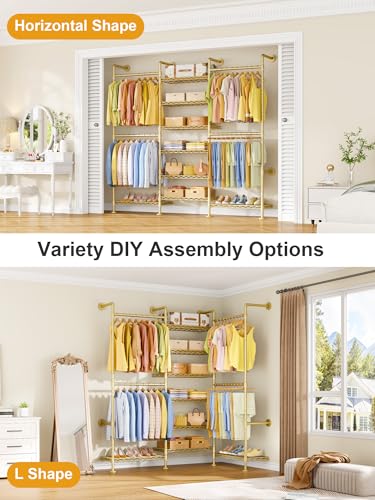 Image of ULIFHOME M6 Clothes Rack for Wall Mounted, Heavy Duty Closet Wardrobe | Wall Mounted Garment Rack with 8 Shelves and 4 Hanger Rods, Clothing Storage Organizer System for Holding 1064lbs, Gold
