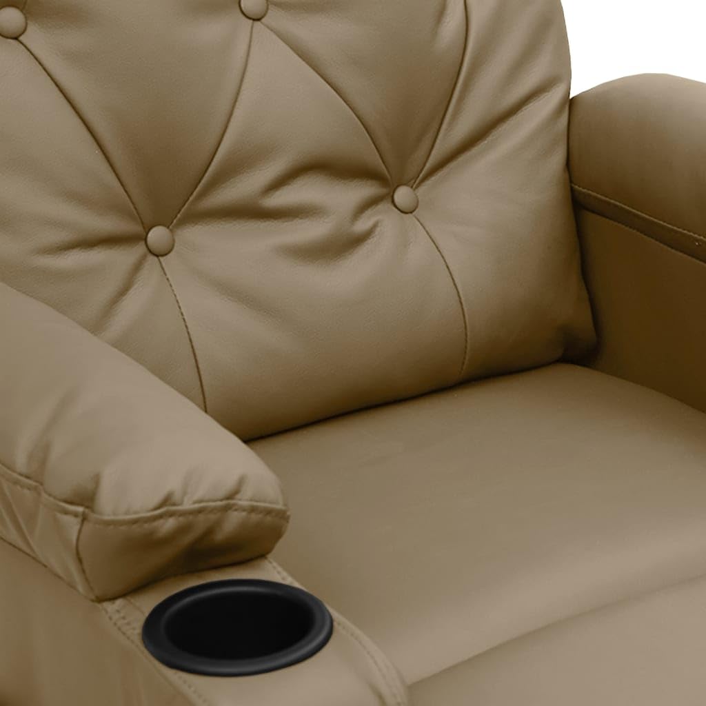 Fotel relaksacyjny Cappuccino-brązowy sztuczna skóra z regulowanym oparciem i podnóżkiem, stabilna rama drewniana i metalowa, ergonomiczny, wygodny fotel do salonu i kącika do czytania