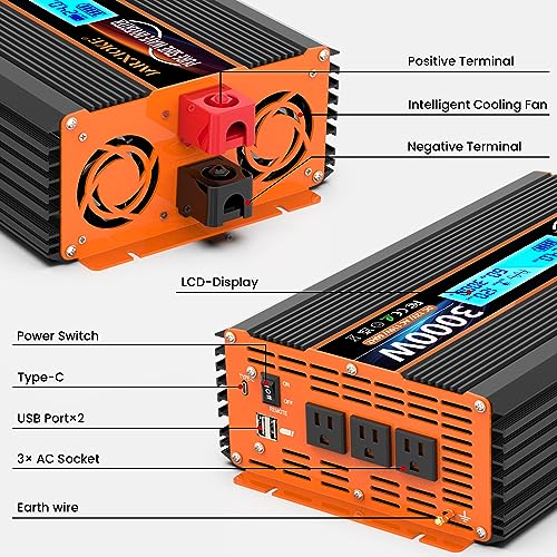 Jarxioke 3000 Watt Pure Sine Wave Power Inverter 24V Dc To 110V 120V Converter For Family Rv Off Grid Solar System Car With Type-C Ports 3 Ac Power Outlets Dual Usb Ports Lcd Display And Remote Control thumb #4