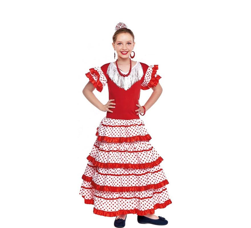 ZZ DISFRAZZES | Disfraz de Sevillana blanco con borde rojo para niña (Talla 10-12 años)