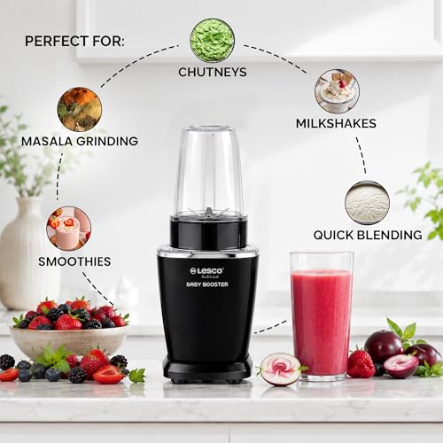 Image of Lesco Baby Booster Pro 550W Mixer Grinder & Nutri Blender|22000 RPM High Speed Bullet Mixer|2 Jars|Smoothie Maker, Juicer & Dry Grinder|Compact Multipurpose Kitchen Blender-Black