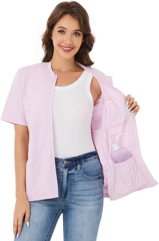 Post Surgery Mastectomy Shirt with Drain Pockets – Women’s Short Sleeve Zip Front Recovery Top with Elastic Pouches - Image 3