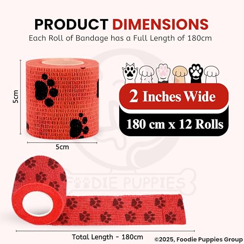 Image of Foodie Puppies 2-Inch Self-Adhesive Kinesiology Pet Bandages - (12 Rolls, Small, 1.8M Each) | Waterproof, Elastic, Breathable Wrap for Dogs, Cats, and Humans | Wound Care, First Aid, Injury Recovery
