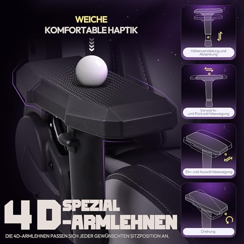 Sedia Gaming con braccioli 4D, ergonomica, con poggiapiedi, in pelle PU, comodo supporto lordosi, grande e alta, 180 kg, grigio - Sedia gaming - Immagine 4