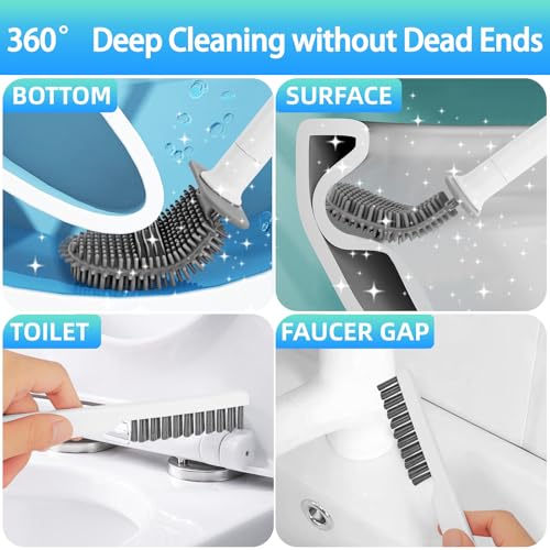 Image of Toilet Brush and Holder-Flexible Toilet Bowl Brush Head with Silicone Bristles, Wall Mounted Nail-Free Installation, Multifunctional Gap Brush, Ventilation Slots Base (2 Pack, Wood)