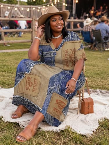 Image of SUZONANA Plus Size Denim Print Maxi Dresses for Women Casual V Neck Short Sleeve with Pockets Soft Jean Look Dress XL-6XL