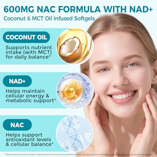 Image of NAC Supplement 600mg, 300 Softgels NAC with NAD+ & MCT Oil N-Acetyl Cysteine Supplement with Coconut Oil Vegetarian Capsules for Antioxidant Supports Liver & Energy Non-GMO Gluten Free