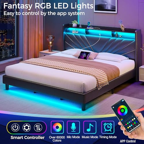 Image of Rolanstar King Size Bed Frame, Storage Headboard with Charging Station and LED Lights, Upholstered Bed with Heavy Duty Wood Slats, No Box Spring Needed, Noise Free, Easy Assembly, Black