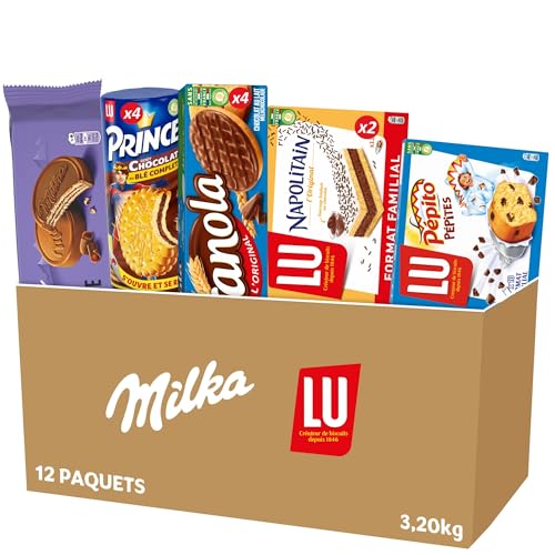 LU MILKA - La Boîte Plaisir - Assortiment de 12 Paquets de Biscuits : Milka Choco Suprême x1, Prince x4, Granola Nappés x4, Napolitain x2, Pépito Pépites...
