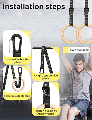GHB Gymnastic Rings Wooden Gym Rings 1.25'' Training RingsAdjustable Numbered Straps Pull Up Rings Sets for Workout Bodyweight Fitness Training