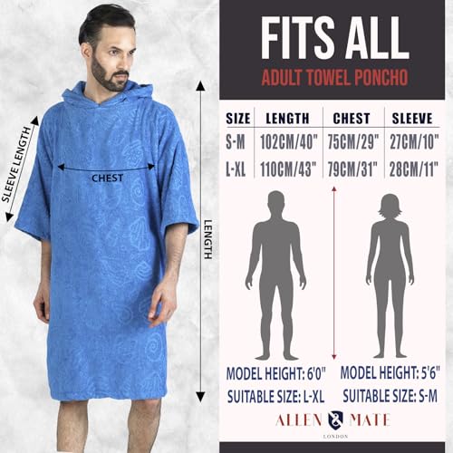 Image of ALLEN & MATE 100% Cotton Hooded Surf Poncho Changing Robe - Quick Absorbent Changing Towel with Pocket for Surfing Men Women