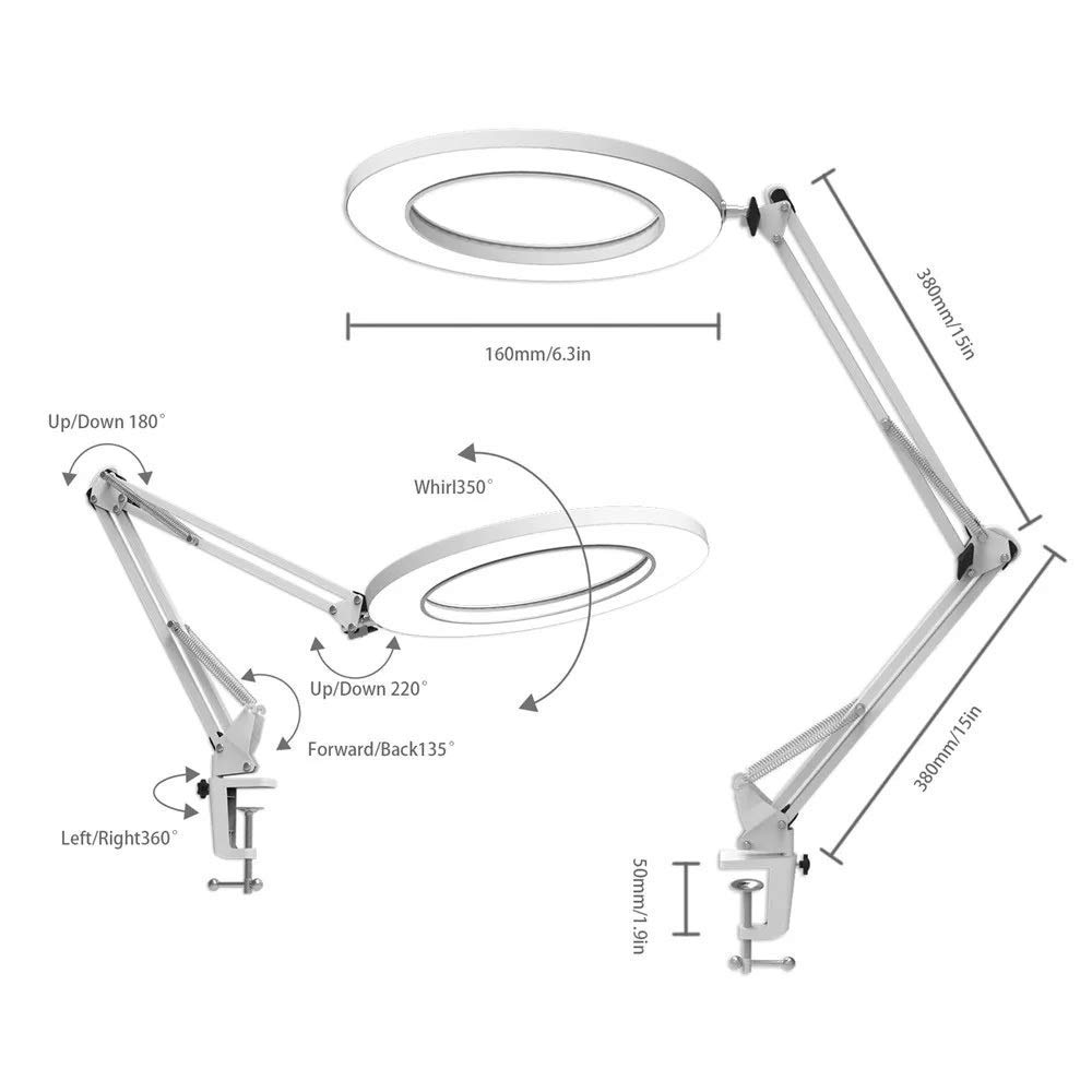 Lámpara de mesa, lámpara de mesa Lámpara de escritorio con brazo oscilante LED Lámpara de mesa de 7W Metal con abrazadera Atenuación continua Anillo de lupa Luz de lectura 3 Temperatura de color