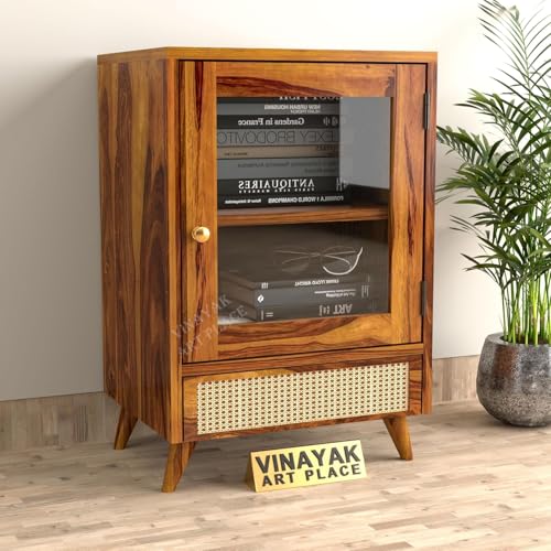 Image of Wooden Small Crockery Cabinet | Sideboard Display Cabinet with Glass Door & Drawer for Living Room | Bookshelf for Home & Office | Material: Sheesham Wood, Natural | Design: Cane