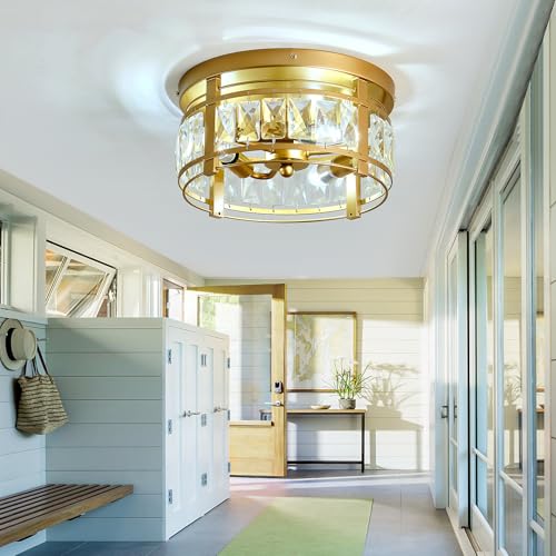 Image of Modern Crystal Ceiling Light Fixture 3 Lights Mini Flush Mount Chandelier Gold Cage Round Ceiling Light for Foyer Hallway Dining Room Living Room Bedroom