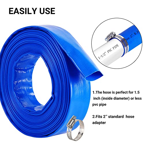 Image of 1-1 /2 inch (Flat 2.6'' width) x 100 FT Pool Backwash Hose Kit with Male NPT | Adapter, Blue Reinforced Pool Drain Discharge Hose for Swimming Pool Filter Pump,with 2 Clamp and Thread Seal Tape