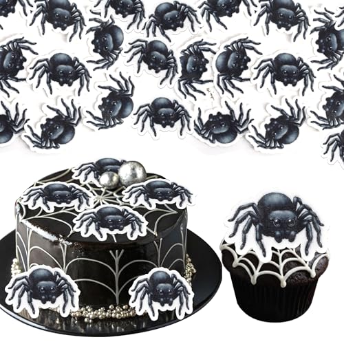 60 Pack Edible Halloween Spider Cupcake Toppers Wafer Paper Black Horror Spider Cupcake Picks Edible Halloween Party Decorations for Baby Shower Birthday Party Cake Food Decorations Supplies
