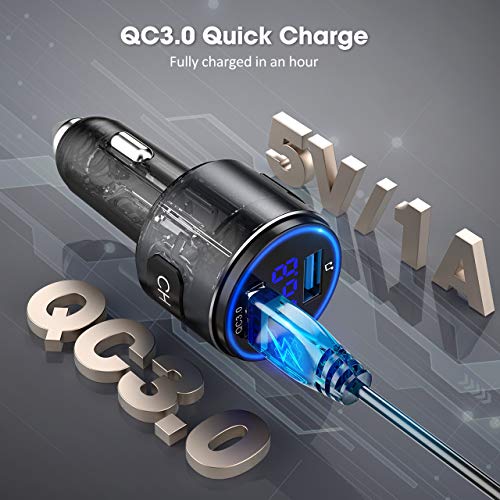 Virfine Bluetooth FM Transmitter Car, V5.0 Bluetooth Car Adapter, Bluetooth Radio Car, MP3 Player QC3.0 Quick Charge, Hands Free Calling, 2 Playing Modes, Blue led Display, Black, Medium (BH347) - Thumbnail 2