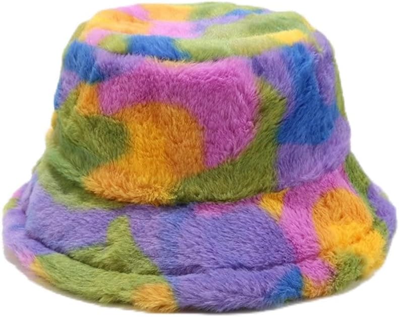 Bucket Hat Woman Men Fluffy Colorful Print Tie-dye Plush Velvet Fisherman Winter Hat Thic Warm Panama(A)