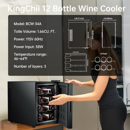 Image of KingChii 12 Bottle Wine Cooler, Freestanding Wine Fridge with Glass Door, Adjustable Shelves & Digital Temperature Display Wine Refrigerator for Red, White, Champagne - Perfect for Home, Kitchen, Bar